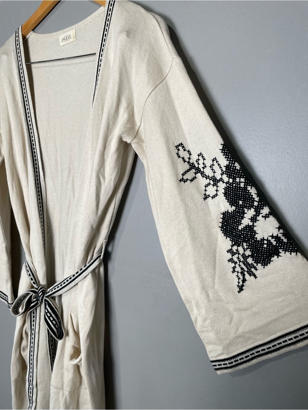 AGGEL Greek Knitwear Boho Cross Stitch Embroidered Long Belted Cardigan Small